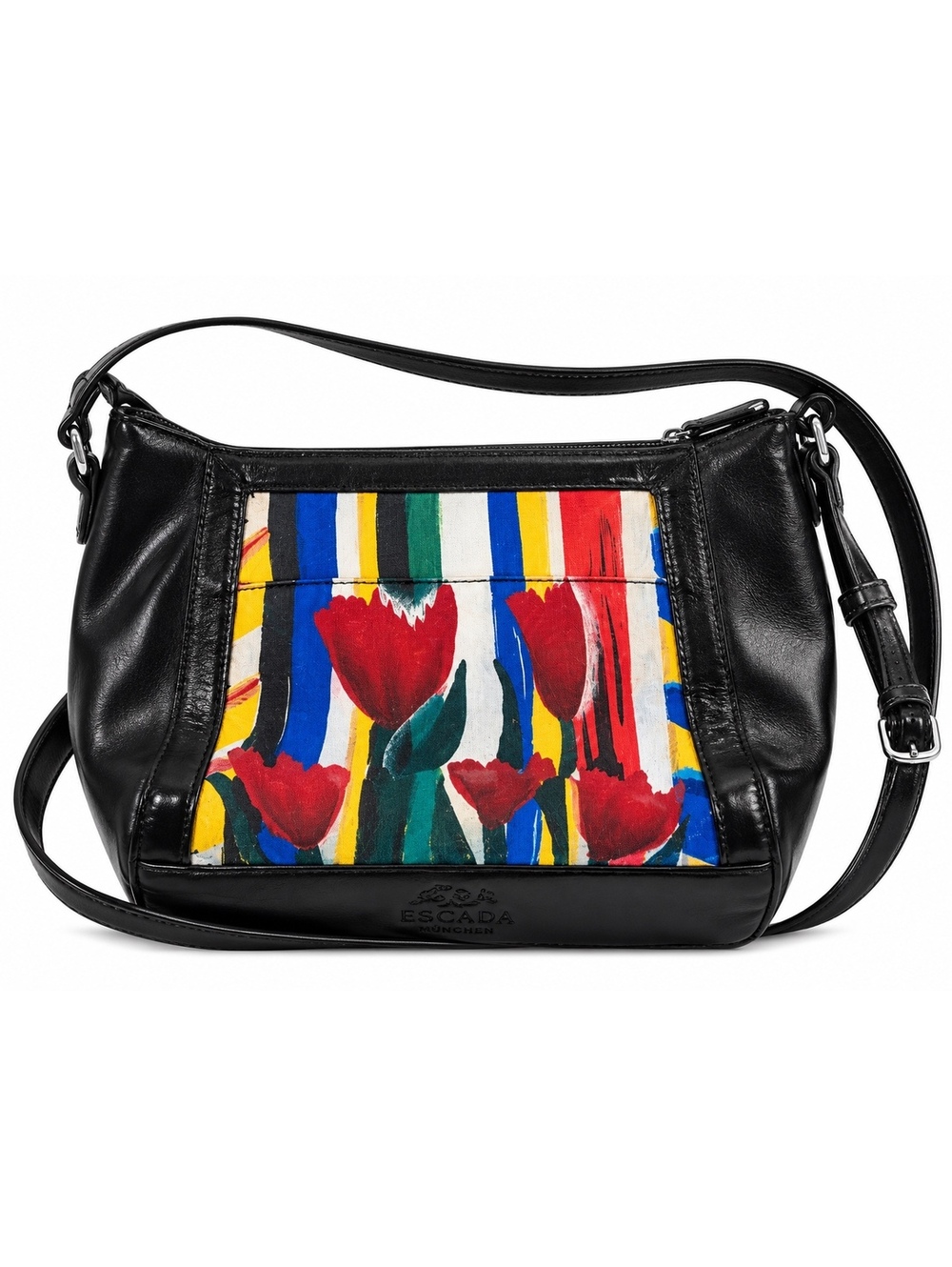 Vintage Sharif Black Leather Floral Art Shoulder Bag